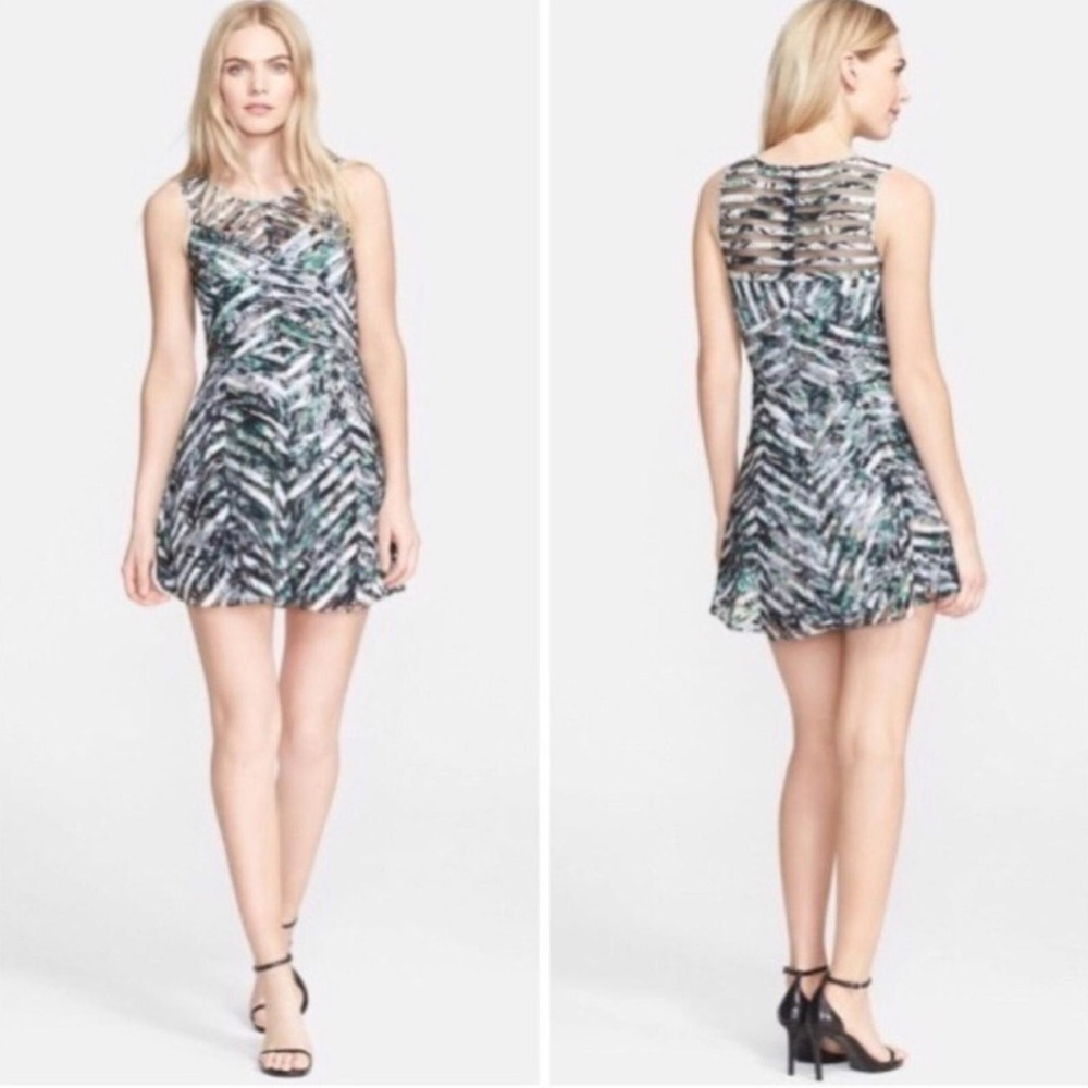 Parker Size S Green Tropical Geo Stripe Mesh Panel Fit & Flare Part Dress